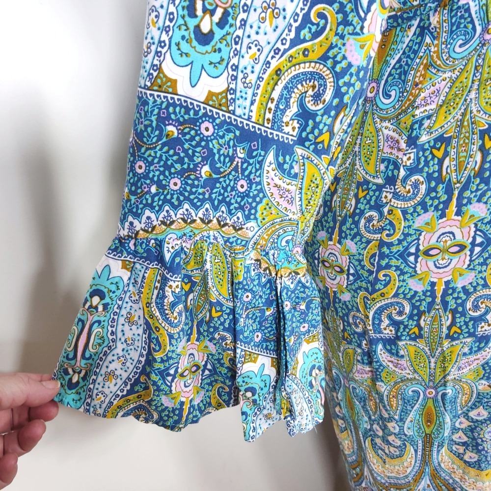 R. Vivimos Paisley Wrap Maxi Dress Blue Boho Resort Bell Sleeve M US 8/10 - Picture 3 of 7